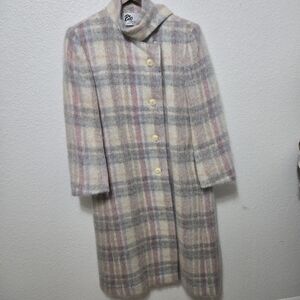 Vintage 1980s Riel Mohair plaid tea length coat cream